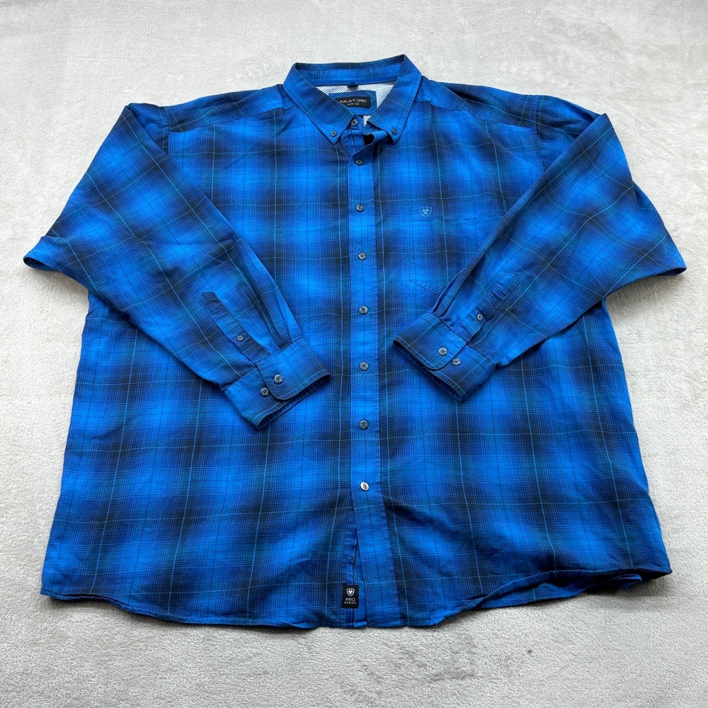 Ariat Pro Series Button Down Shirt Mens 3XL Blue Plaid Long Sleeve Pocket Cowboy